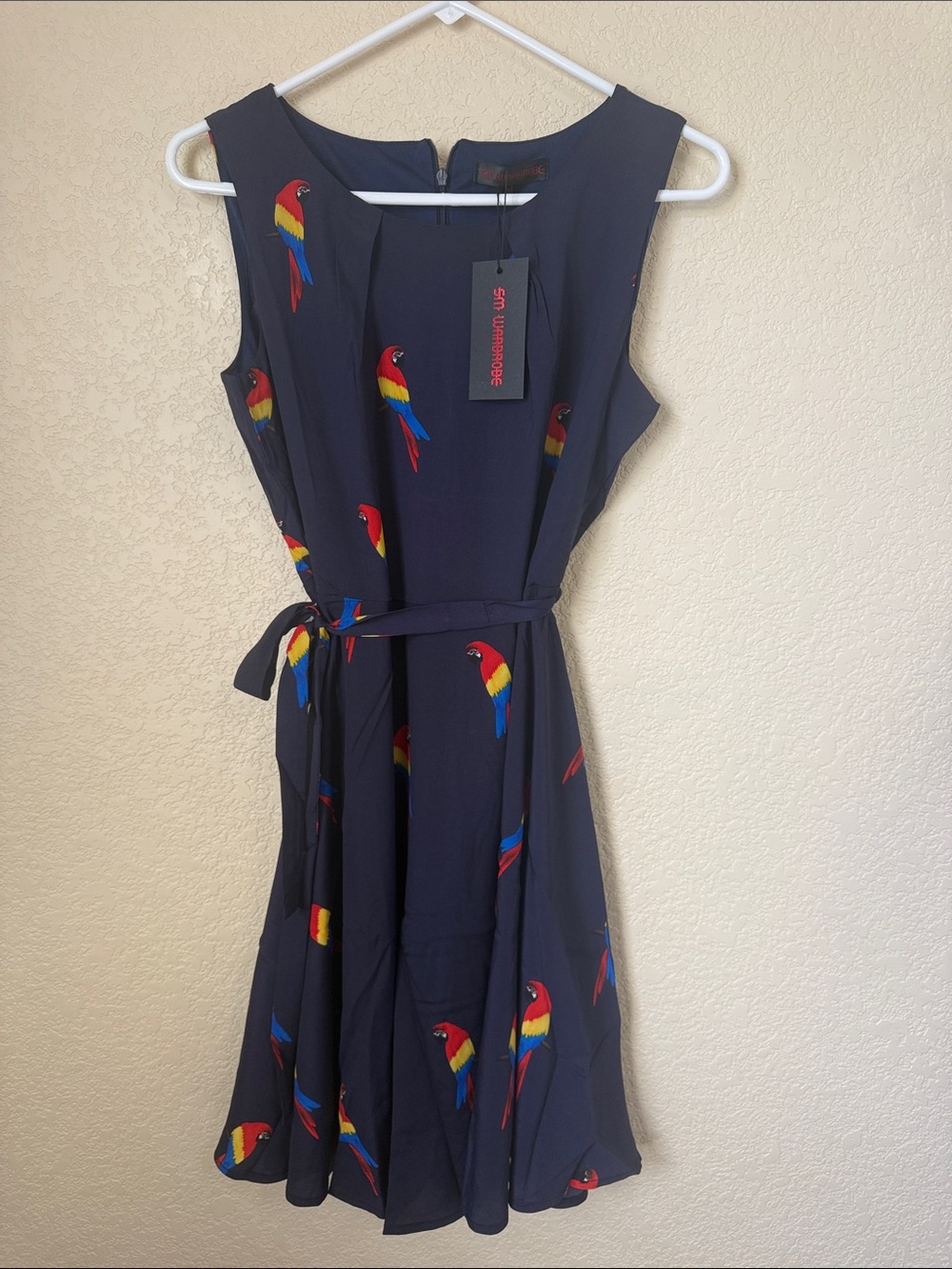 Navy Parrot-Print Sleeveless Tie-Waist Dress